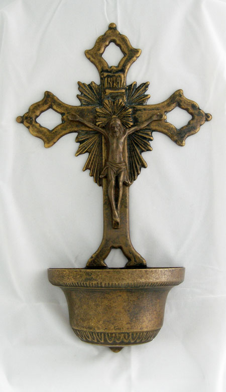 Crucifixion font in antique brass, 14 1/4